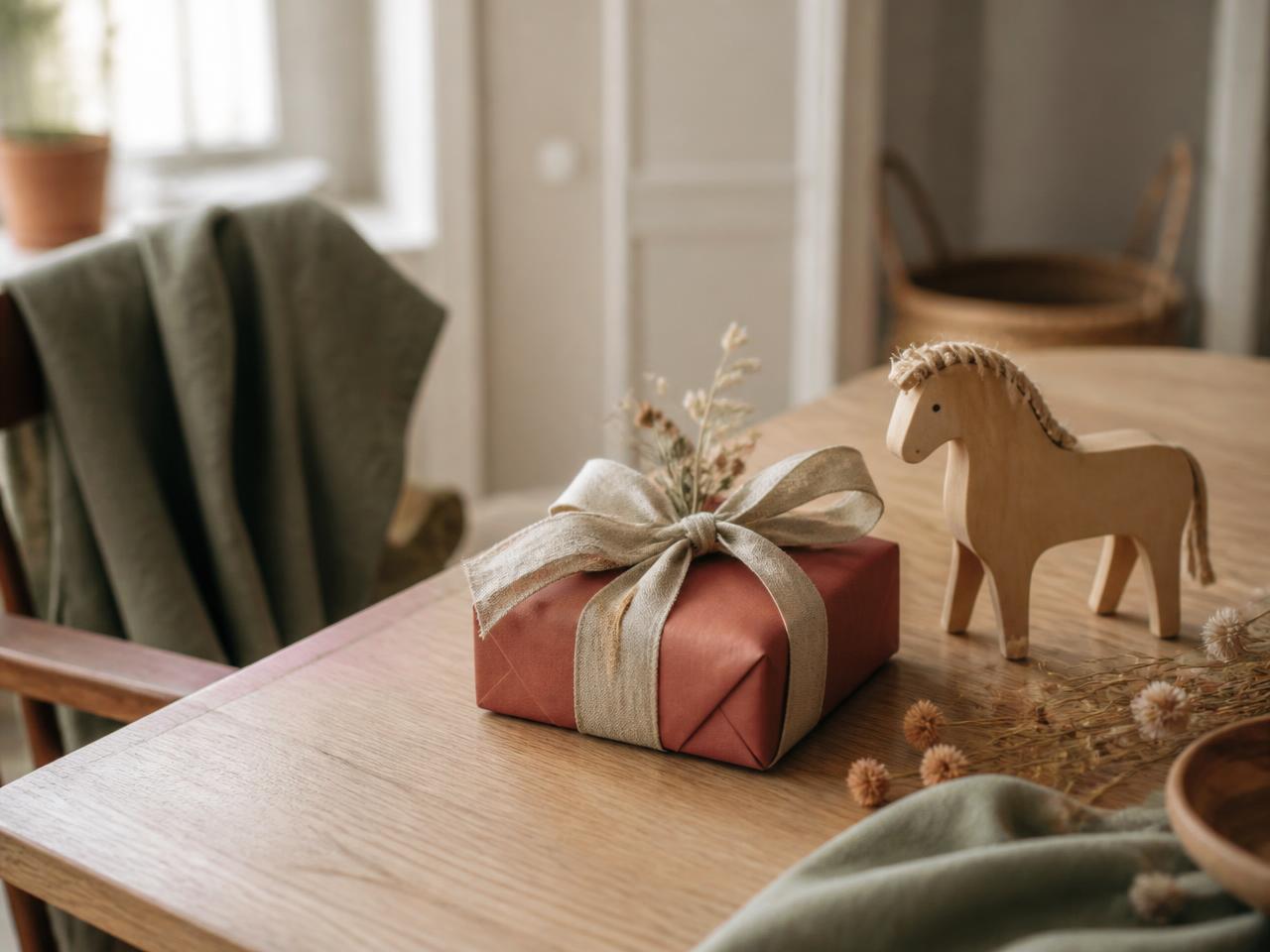 Ein in Terrakotta-Papier eingepacktes Geschenk mit Leinenband neben einem Holzpferd auf einem Esstisch